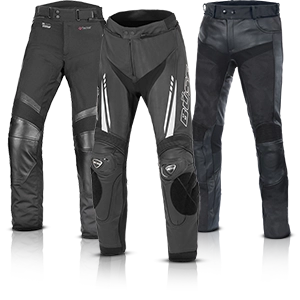 Men's leather motorcycle pants in black with protectors and a sporty cut.